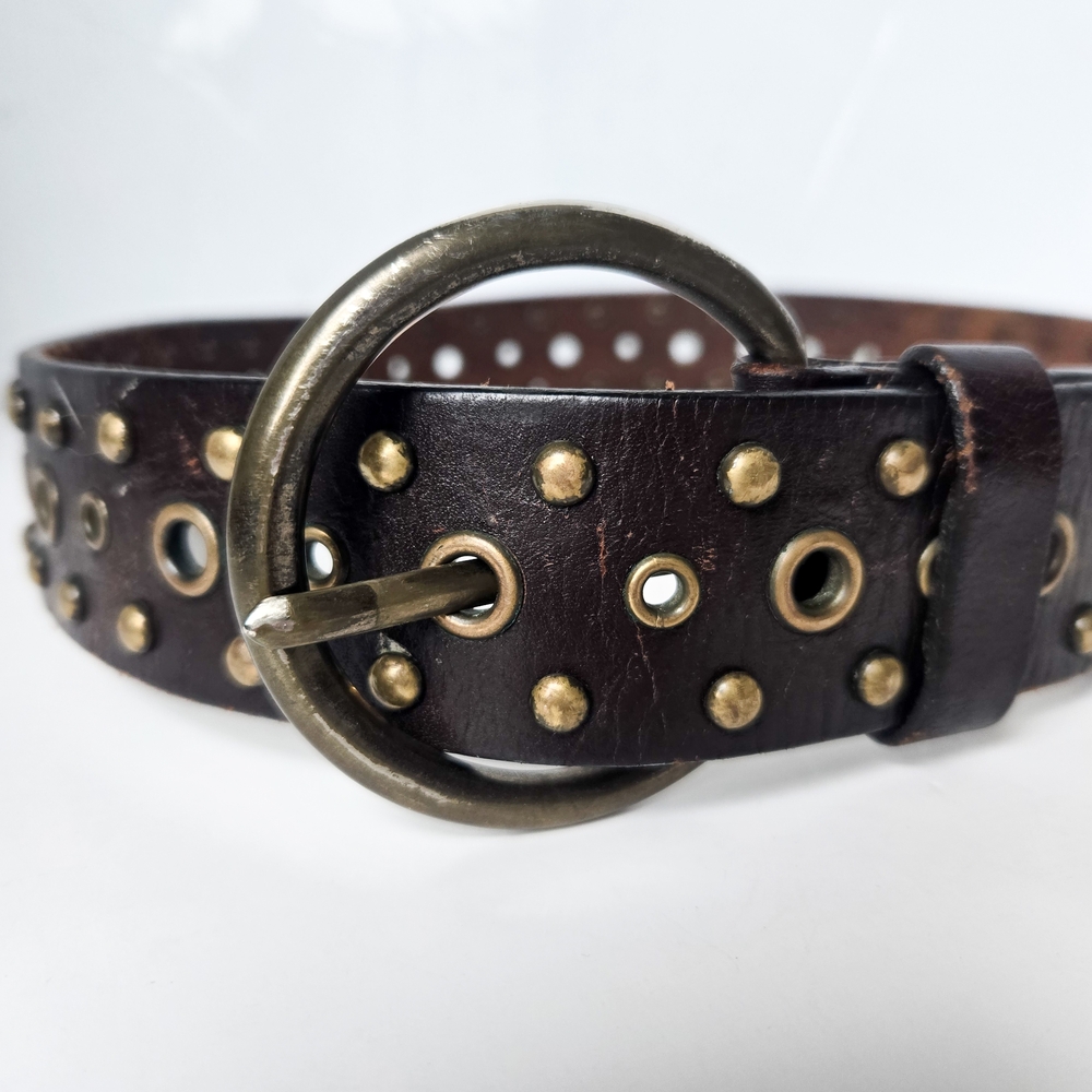 Studded Brown Leather Belt with Round Brass Buckle